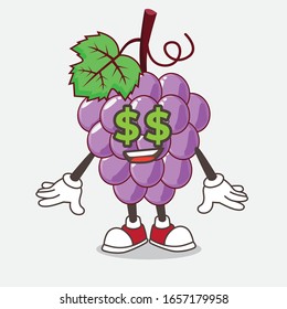 Grape cartoon mascot character with money symbol on eyes