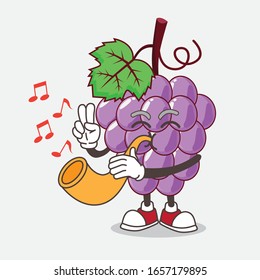 Grape cartoon mascot character playing music with trumpet