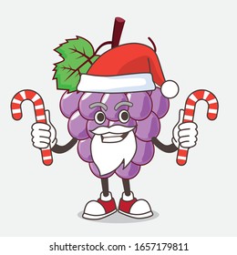 Grape cartoon mascot character in Santa costume with candy