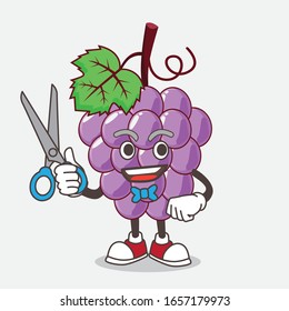 Grape cartoon mascot character as smiling barber with scissors on hand