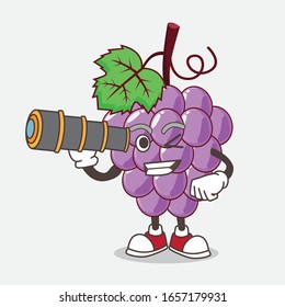 Grape cartoon mascot character using a monocular