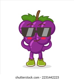 Grape cartoon mascot character wearing black glasses