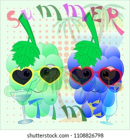 grape cartoon summer time poster. hello summer cartoon vector illustration with grape. palm trees and sea cartoon vector illustration. bunch of grapes on the beach. its summer vector illustration.
