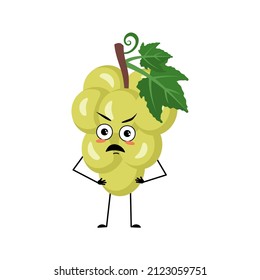 Grape character with angry emotions, grumpy face, furious eyes, arms and legs. Person with irritated expression, berry emoticon. Vector flat illustration