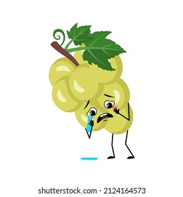 Grape character with crying and tears emotion, sad face, depressive eyes. Person with melancholy expression, berry emoticon. Vector flat illustration