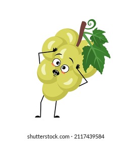 Grape character with emotions in panic grabs his head, surprised face, shocked eyes, arms and legs. Person with scared expression, berry emoticon. Vector flat illustration