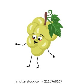 Grape character with happy emotion, joyful face, smile eyes, arms and legs. Person with expression, berry or fruit emoticon. Vector flat illustration