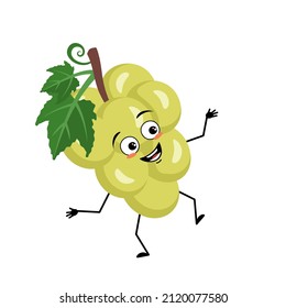 Grape character with happy emotion, joyful face, smile eyes, arms and legs. Person with expression, berry or fruit emoticon. Vector flat illustration