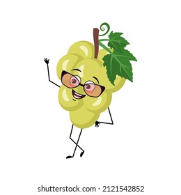 Grape character with happy emotion, joyful face, smile eyes, arms and legs. Person with expression, berry or fruit emoticon. Vector flat illustration