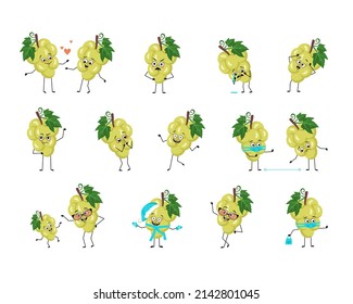 Grape character with happy or sad emotions, panic, loving or brave face, hands and legs. Cheerful fruit, exotic person with mask, glasses or hat. Vector flat illustration 