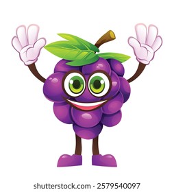 Grape character raising hands, full of excitement. Vector cartoon illustration