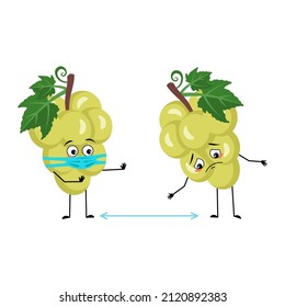 Grape character with sad emotions, face and mask keep distance, arms and legs. Person with care expression, berry emoticon. Vector flat illustration