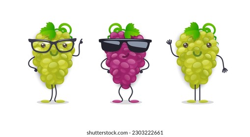 Grape Character with Various Face Expressions. Vector illustration set of funny and cute cartoon vegetables isolated on white background. Mascot collection.