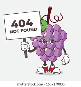 Grape cheerless face cartoon mascot character holding a 404 board