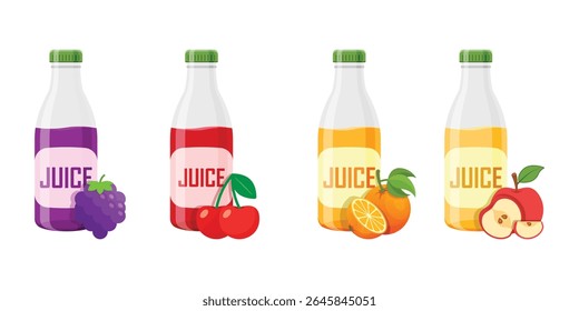 Grape, Cherry, Apple, Orange juice icon set collection in flat style. Organic drinks vector illustration on isolated background. Healthy cocktails sign business concept.