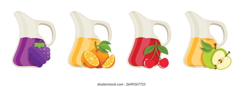 Grape, Cherry, Apple, Orange juice icon set collection in flat style. Organic drinks vector illustration on isolated background. Healthy cocktails sign business concept.