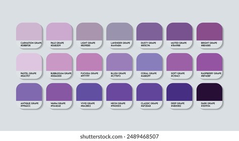 Grape Color Palette, Grapes Color Guide Palette with Color Names. Catalog Samples of Purple with RGB HEX codes and Names. Indigo Colors Palette Vector, Fashion Trend Grape Color Palette Vector tones