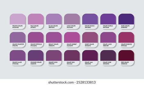 Paleta de cores de uva, Paleta de guias de cores de uva com nomes de cores. Catálogo Amostras de roxo com códigos RGB HEX. pintura, natural Uva púrpura variações, e uma moda moda tendência uva tons de cores