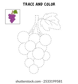 Páginas para colorear de uva para niños. Trazo y color de la uva. Vector de arte de línea de uva para libros para colorear. Hojas de trabajo de jardín de infantes y preescolar imprimibles para niños. 