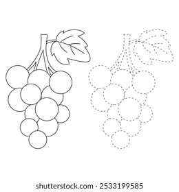 Grape coloring pages for kids. Trace and color grape. Grape line art vector for coloring books. Kindergarten and preschool worksheets printable for kids. 