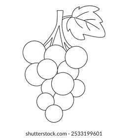 Grape coloring pages for kids. Trace and color grape. Grape line art vector for coloring books. Kindergarten and preschool worksheets printable for kids. 
