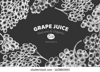 Grape design template. Hand drawn vector grape berry illustration on chalk board. Engraved style retro botanical banner.