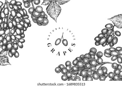 Traubendesign-Vorlage. Handgezeichnete Vektorillustration Traubenbeergrafik. Stilvolles botanisches Banner im Vintage-Stil.