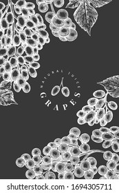 Grape design template. Hand drawn vector grape berry illustration on chalk board. Engraved style vintage botanical banner.