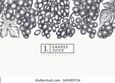 Grape design template. Hand drawn vector grape berry illustration. Engraved style vintage botanical banner.