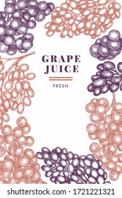 Grape design template. Hand drawn vector grape berry illustration. Engraved style retro botanical banner.