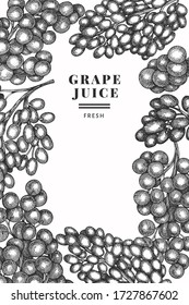 Grape design template. Hand drawn vector grape berry illustration. Engraved style retro botanical banner.