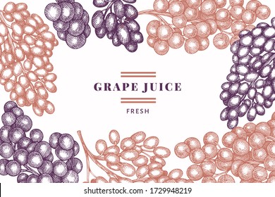 Plantilla de diseño de uva. Ilustración de mora de uva vectorial dibujada a mano. Banner botánico retro de estilo grabado.