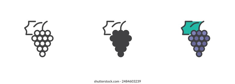 Grape different style icon set. Line, glyph and filled outline colorful version, outline and filled vector sign. Winery Symbol, logo illustration. Vector graphics