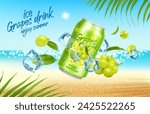 Grape drink or fruit juice can with ice cubes on summer beach, realistic vector for promo poster. Green grapes juice or soda drink tin can, palm leaves and summer sea or beach for fresh drink promo