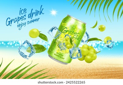 Grape drink or fruit juice can with ice cubes on summer beach, realistic vector for promo poster. Green grapes juice or soda drink tin can, palm leaves and summer sea or beach for fresh drink promo