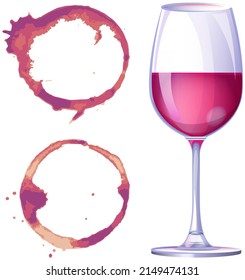 Grape drink stains, splashes and drops near glass of red wine. High quality abstract texture for menu, bar, cafe, restaurant. Ink, paint or other liquid stain and glass container with alcohol, wine