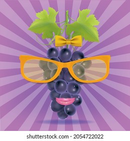 Grape are the face of a person wearing glasses with a smiling mouth with a bow on the neck.illustration vector