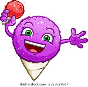 Grape flavored snow cone shaved ice cartoon character celebrating the season and holding a cold cherry frozen treat on a hot summer day