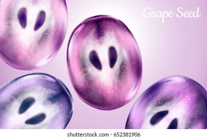 grape flesh and seed elements, can be used as design elements, pink background 3d illustration