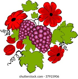 Grape and flowers vector illustration