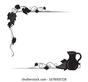Grape frame, with grape, leaves and jug, wine. juice label. Picture in hand drawing old style for winery, retro invitation, business card.