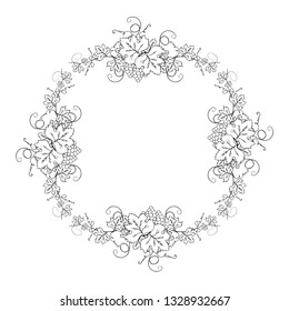 Grape frame with vine branches, bunch of berries and leaves. Ornate decoration border for wine menu, label design or wedding invitation. Vector foliage background.
