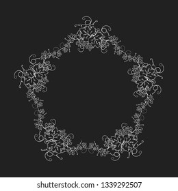 Grape frame with vine branches, bunch of berries and leaves. Ornate decoration border for wine menu, label design or wedding invitation. Vector foliage background.