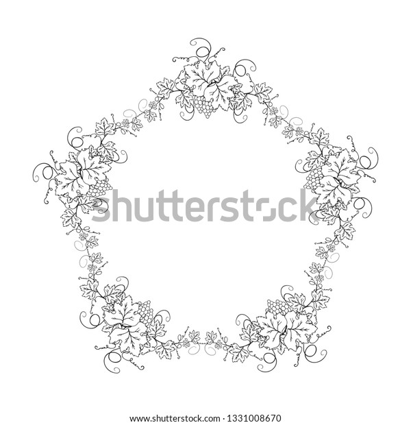 Grape\
frame with vine branches, bunch of berries and leaves for\
restaurant menu. Ornate decoration border for wine label design or\
wedding invitation. Vector foliage\
background.