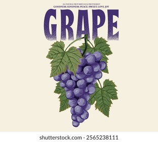 Grape fruit artwork. Fresh grapes fruit print. Nature watercolor design. Fresh food artwork for for t shirt. Always organic. Summer food poster design.