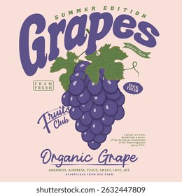 Grape fruit artwork. Fresh grapes fruit print. Fresh food artwork for for t shirt. Always organic. Summer food poster design. 
