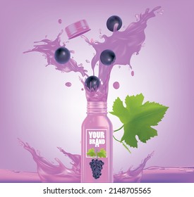 Grape fruit bottle design with grape fruit juice splashes.illustration 