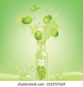 Grape fruit bottle design with grape  fruit juice splashes.illustration vector