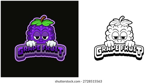 Grape fruit cartoon logo with  text and a high expression. Full color and black and white design. Design for  For Sticker, Label, Cover, Packaging, tshirt, business  and Product. Vectors and Illustrations.