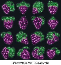 Grape fruit icon set. Outline set of grape fruit vector icons neon color on black